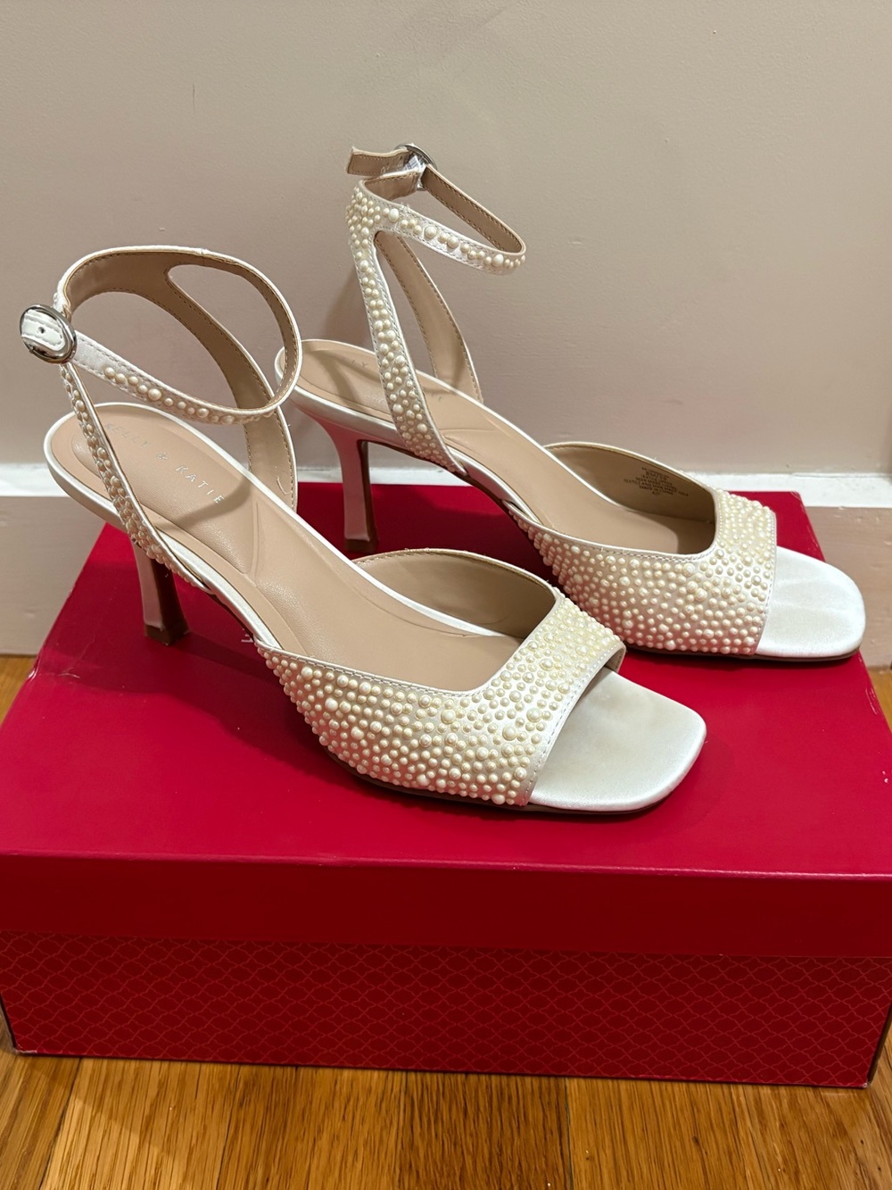 Kelly & Katie Pearl-Embellished Ivory Ankle-Strap Heels